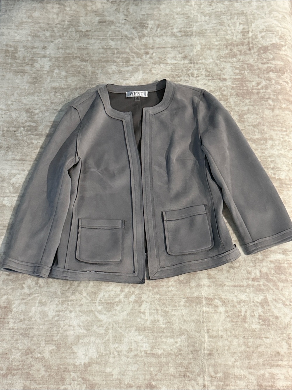 Kasper Gray Suede Open-Front Collarless Blazer